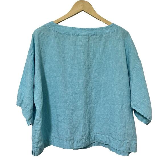 J Jill 100% Linen Boxy Flowy Top Size MP Aqua Blue Coastal Nautical - Picture 2 of 6